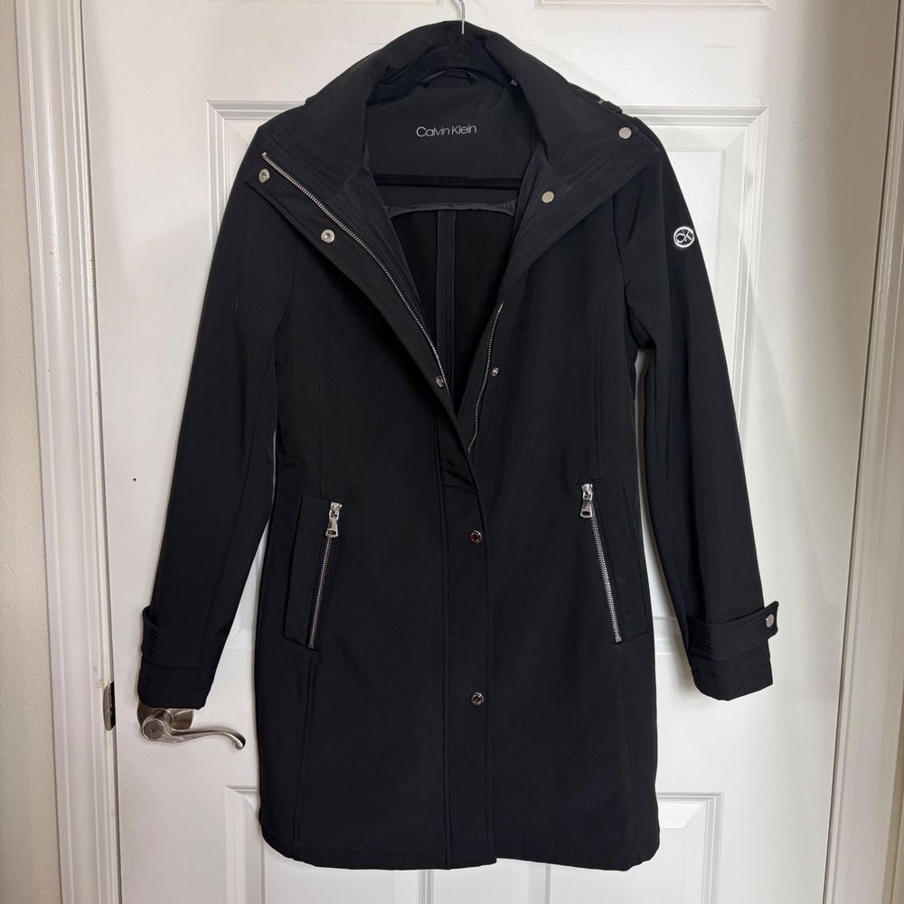 Calvin Klein Womens Black Softshell Hooded Trench Coat Jacket XS Fleece Lined